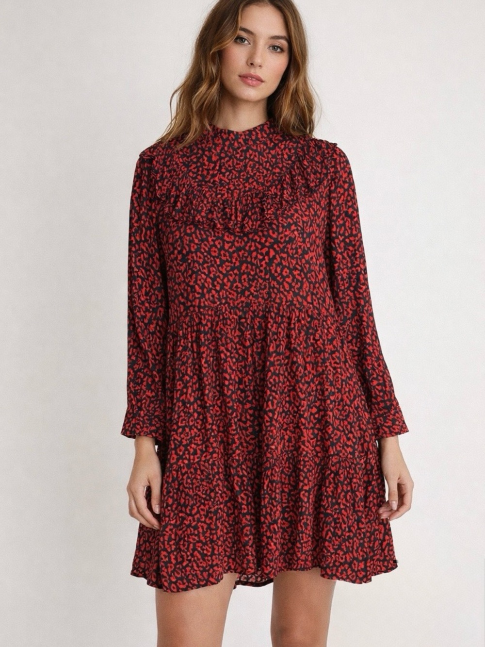 Zara Red Leopard Print Ruffle Smock Dress Size Medium
